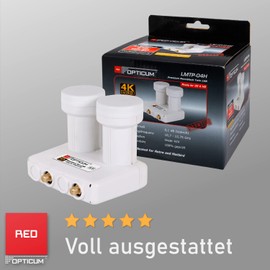 RED OPTICUM LMTP 04H Monoblock Twin LNB 0.1dB - LNB Double Head for 2 Subscribers & 2 Satellites with Integrated DiseqC - 3D UHD 4K Ready - Monoblock LNB Astra Hotbird Including Weather Protection