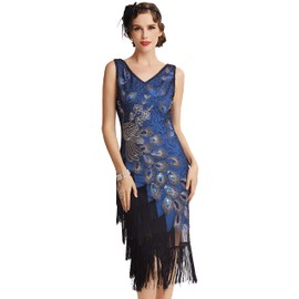 BABEYOND 1920s Vintage Peacock Sequined Dress Gatsby Fringed Flapper Dress Roaring 20s Party Dress, Blue with Black Fringe, Medium