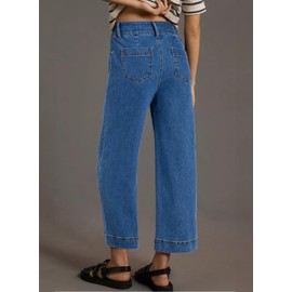 Astylish Womens Stretch High Waisted Cropped Jeans Wide Straight Leg Denim Pants Blue