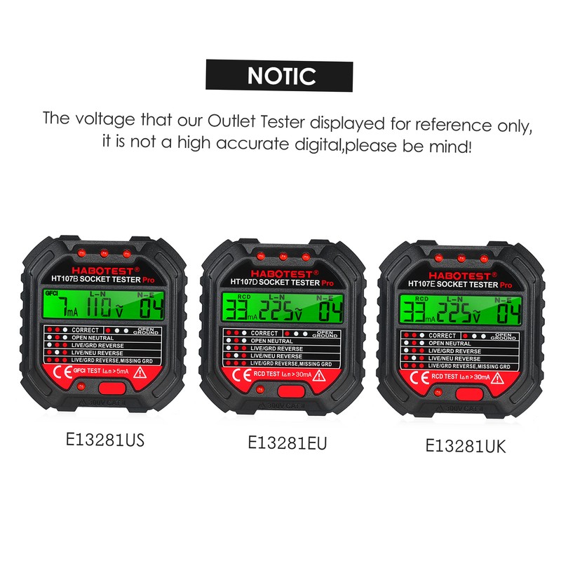HABOTEST GFCI Outlet Tester with Voltage Display 90-250V Socket Tester