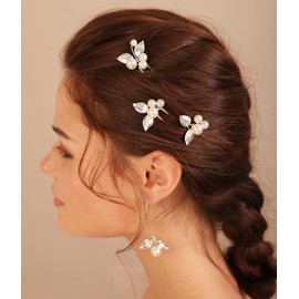 Kercisbeauty Pearl and Leaf Hair Pins with Earring Set for Wedding Brides Women and Girls Hair Accessories (Silver)