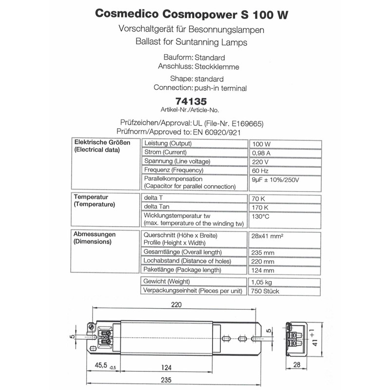 Highspirit CosmoPower S 100W Choke Ballast - 220V - 60