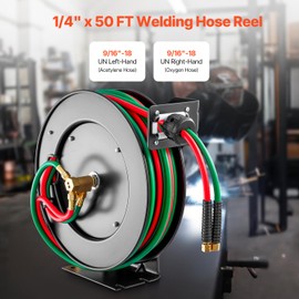 Happybuy Retractable Welding Hose Reel, 1/4-Inch x 50FT Twin Oxygen Acetylene Rubber Hose up to 300PSI - T Grade. Ceiling/Wall Mounted Heavy Duty Steel Hose Reel with Auto-Rewind Feature