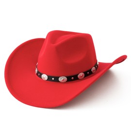 Lanzom Women Men Felt Wide Brim Western Cowboy Hats Belt Buckle Panama Hat(Red, Medium)