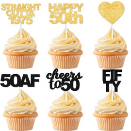18Pcs Black Gold Dessert Cupcake Topper,Pick for Straight Outta 1975 Cheer to Fifty Years Old Theme Supplies Happy 50th Birthday Party Decoration Supplies