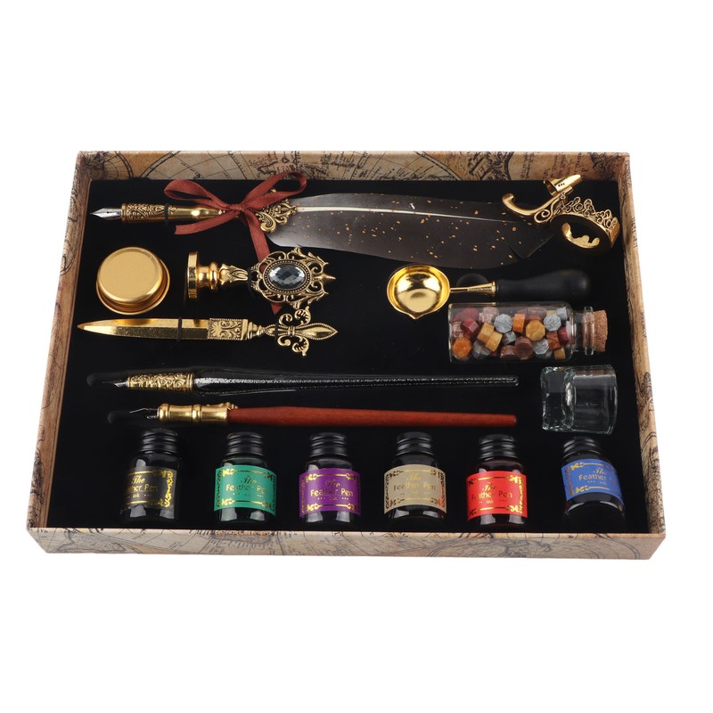 Feather Pen Set European Style British Retro Lacquer Stamp Dipped