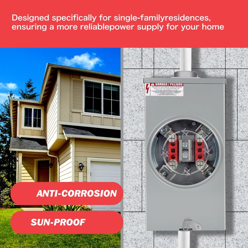 200 Amp Meter Socket, 1 Phase 4 Jaw, 600V 3
