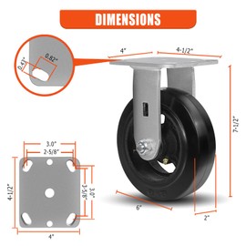 CWfutureparts Caster Wheels 6" x 2" Heavy Duty Industrial Casters,Rubber on Cast Iron Wheels,Dumpster and Trash Bin Casters,2 Rigid Top Plate Casters, Load Capacity 1000 lbs