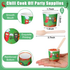 Teenyyou 400 Pcs Chili Cook off Tasting Cups Set, 200 Pcs 2 oz Mini Chili Cookoff Paper Cups and 200 Wooden Spoons Pepper Cook off Party Decorations for Competition Prize Party Cooking Supplies(Green)