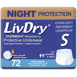 LivDry Adult S Incontinence Underwear, Overnight Comfort Absorbency, Leak Protection, Small, 72-Pack