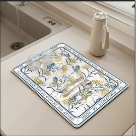 Dish Drying Mat - Super Absorbent Kitchen Counter Drying Mat,Easy Clean Dish Mat,Oil & Stain Resistant,Perfect for Dishes, Coffee Bar, and Countertops (Blue Hibiscus, 15.7''x11.8'')