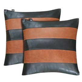 KUIRMODA Lambskin Leather Pillow Cover - Decorative Sofa Cushion Case - Throw Covers for Living Room & Bedroom, 20x20 Inches - Black & Tan Crunch (01) Pack of 2