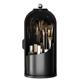 Zufudo Makeup Brush Holder Organizer with Lid 360° Rotating Makeup Organizer Countertop Dustproof Cosmetics Organizer for Vanity Bathroom, Dark Black