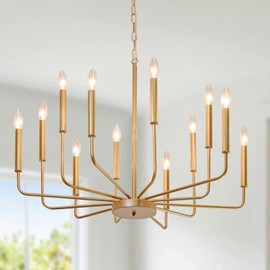 Rviezza Gold Farmhouse Chandelier, Industrial Metal 12-Light Candle Chandeliers, Rustic Pendant Lighting for Kitchen Island, Dining Room, Living Room, Staircase