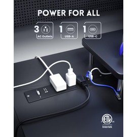 PLUGTUL Recessed Power Strip, 10 FT Flush Mount Power Strip, PD 20W Fast Charging, Flat Plug, 14 Gauge, 980J Surge Protector, Black Recessed Power Strip with USB C