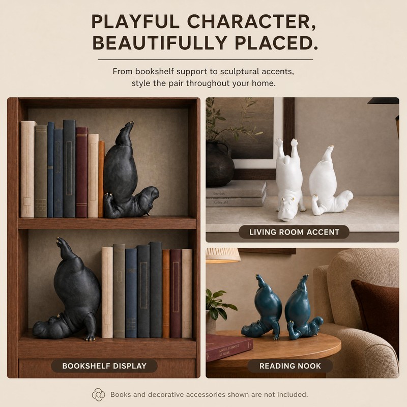 Hippo Bookends for Heavy Books, Decorative Bookends (Ocean Teal)