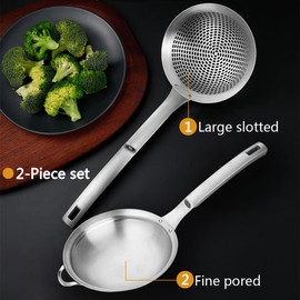 Fine Mesh Stainless Steel Metal With HoleSieve Food Strainer Grease Spider Skimmer And With Handle Large Holes Slotted Colander Frying Spoon Set,Handheld For Kitchen Cooking And Filter Food Residues