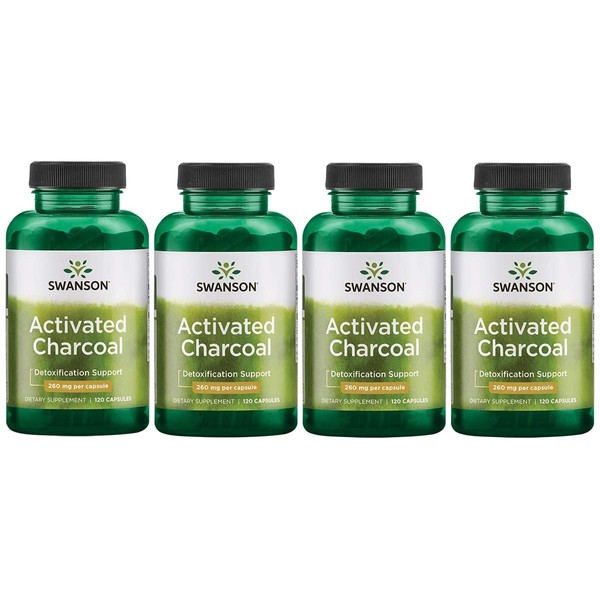 Swanson Activated Charcoal, Detox Support Supplement 260 mg, 120 Capsules, 60 Servings, 520 mg per Serving (4 Pack)