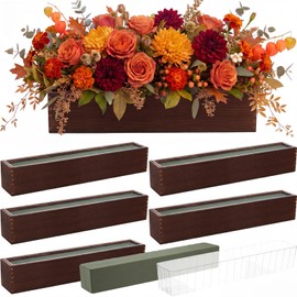 4 Set Rectangle Wooden Planters, 24 x 4 Inch Wood Boxes with Removable Plastic Liner & Floral Foam Blocks, Rustic Wood Planter for DIY Centerpieces Home Wedding Garden Bookshelf Decor (Brown)
