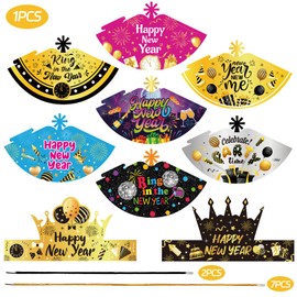 DPKOW 23pcs 2025 New Year's Eve Glasses Hats, Multicolored New Year Eyewear Paper Cone Crown Hats 2025 New Year Party Favour New Year's Eve Photo Booth Accessories