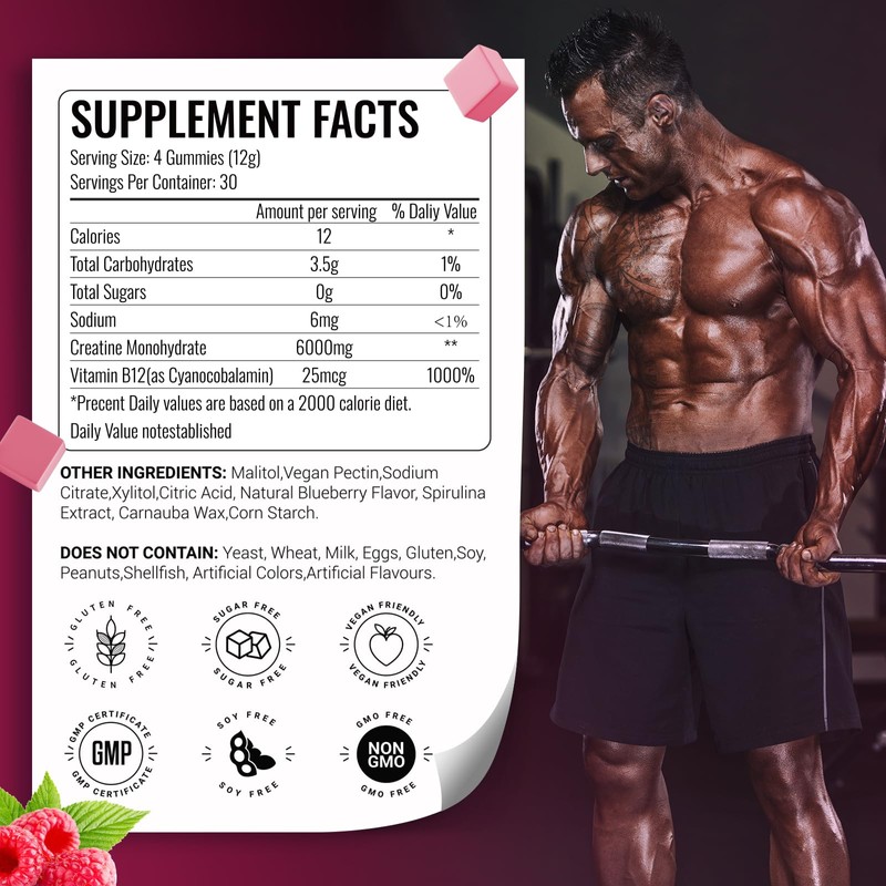 AMZXO Creatine Monohydrate Gummies 6g for Men Women,Complex Creatine Monohydrate