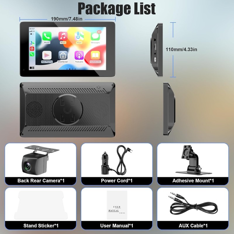7" Wireless Portable Car Play Screen for Apple CarPlay &