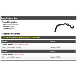 Marketplace Auto Parts Upper Radiator Hose - Compatible with 2009-2019 Dodge Journey 2.4L 4-Cylinder GAS