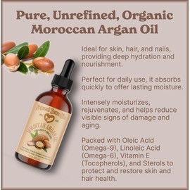 Natural Born Oils Moroccan Argan Oil, 16oz, Organic, Cold-Pressed, Vitamin E & Antioxidants, Deep Skin Hydration, Hair Strengthener