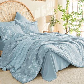 MUXHOMO Mineral Blue Cal King Comforter Set, Elegant Floral Print Bed in a Bag 7 Pieces, Ultra Soft & Breathable Reversible Botanical Pattern Bedding Set with Comforter, Sheets, Pillowcases, and Shams