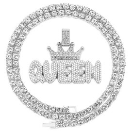 HH BLING EMPIRE Iced Out Name Pendant Chain Necklaces for Men Gold Silver Diamond Letter Necklace Hip Hop Queen Tennis Chains 22 Inch (Queen-Silver,& Tennis)