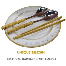 Bamboo Serving Utensils, Serving Spoon Fork and Tong, Stainless Steel Salad Tongs for Party Buffet Serving，10-inch，6 Pieces (Unique Design）