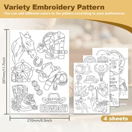 DOODLREAM 31Pcs Western Cowboy Embroidery Pattern Stabilizers, 8.3"x11.7" Skull Cowboy Water Soluble Stick and Stitch Embroidery Stickers, 4 Sheets Vintage Hand Sewing DIY Embroidery Paper