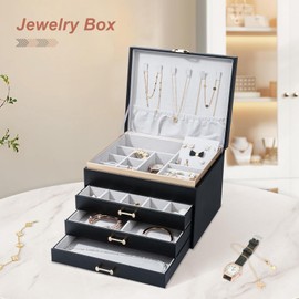 V-LAFUYLIFE Jewelry Box，4-Layer Large Jewelry Organizers for Women with 3 Drawers,Storage Modern Style Jewelry Boxes Storage of Earrings Rings Bracelets Necklace（Black）