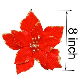 Bodosac 12 pcs Poinsettia Artificial Christmas Flowers Red Poinsettia with Clip Xmas Decorations Tree Ornaments Red Glitter