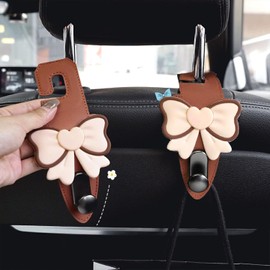 JAYIKA 2PCS Car Hooks for Headrest, Brown Cute Bow Seat Back Hooks for Purses, Handbags, Premium Leather Hanger with Metal