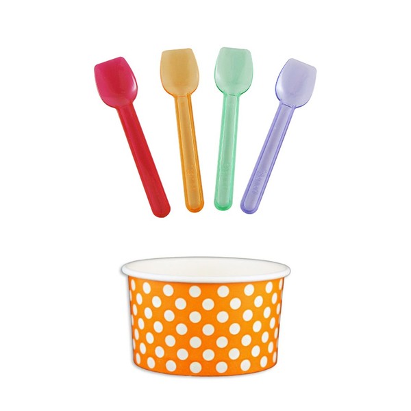 Black Cat Avenue Paper Ice Cream Cups with Spoons Combo, Polka Dot, Orange, 5 Ounce, 50 Pack