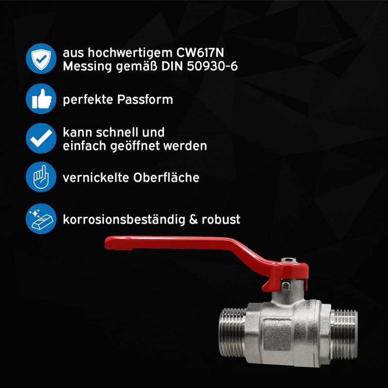 kör4u Brass Ball Valve with Red Steel Handle, 1 1/2