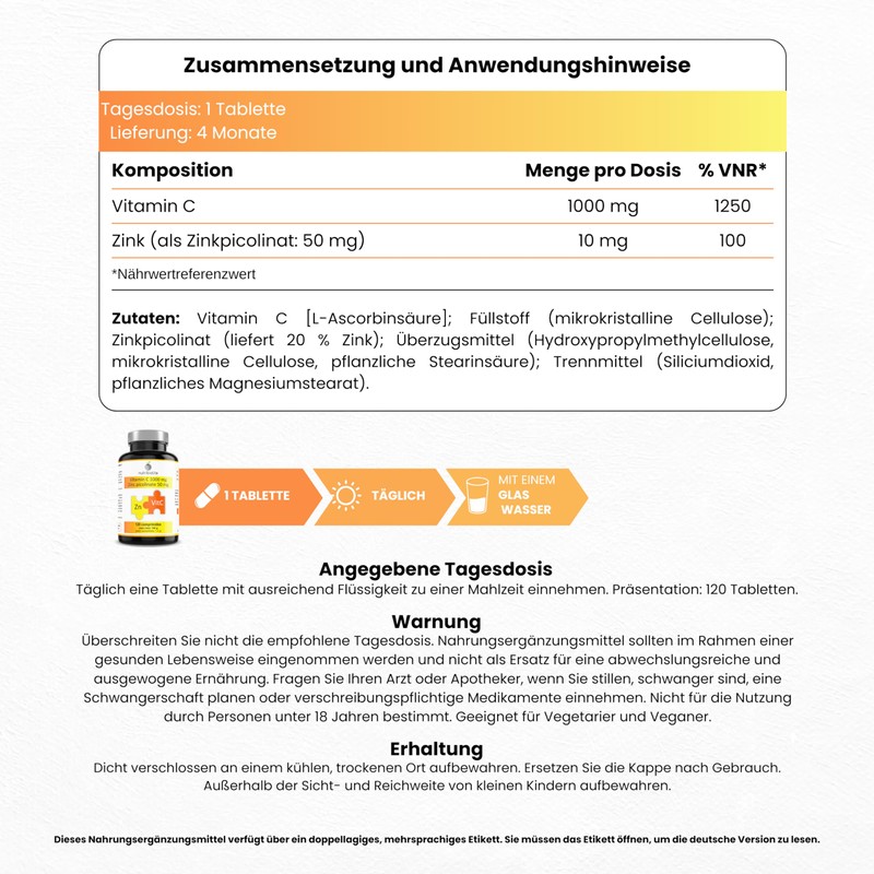Vitamin C 1000 mg + Zinc Picolinate (Zinc Chelate) 50