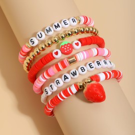 Pingyongchang Surfer Heishi Clay Strawberry Bracelets Set for Women Men Bohemian Stackable Gold Beaded Vinyl Disc Elastic Stretch Bracelet Resin Friendship Summer Beach Birthday Jewelry-A