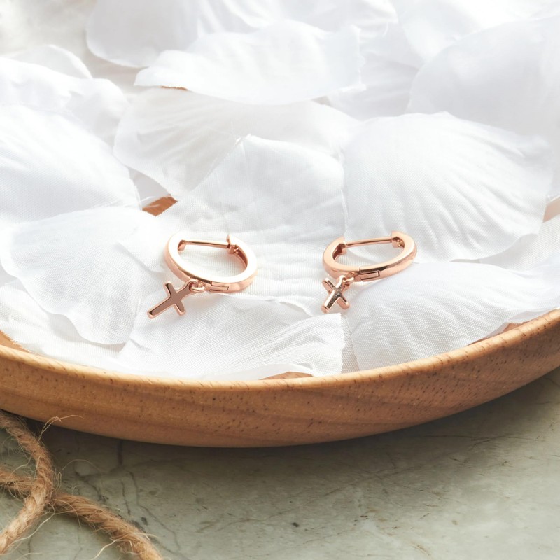 Philip Jones Rose Gold Plated Cross Charm Hoop Earrings