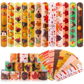 PIAOPIAONIU 48 Pcs Thanksgiving Slap Bracelets Bulk Snap Bands Bracelets Autumn Maple Leaf Turkey Pumpkin Magic Wristbands for Fall Party Favors Thanksgiving Gifts Bag Fillers