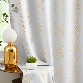 UGOUTRY 100% Blackout Curtains for Berdoom, Gold on White Metallic Geometric Diamond Pattern Curtains 84 Inches Long Living Room Darkening Thermal Insulated Drapes Grommet Top Window Curtain, 2 Panels