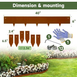 Corten Steel Landscape-40 LX 6" H Metal Garden Edging 20FT Total Rusted Lawn Edging 6 Pcs-No-Dig Hammer Heavy Duty Steel Edging-Bendable Border Strips for Lawn Yard Courtyard Pathway-6 Clips