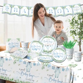 Greenery Baby Shower Tableware Set,Watercolor Blue Boy Baby Shower A Sweet Boy Is On His Way Plates and Napkins Sets Include Plates Napkins Cups Tablecloth for Boy Baby Shower Gender Reveal Supplies