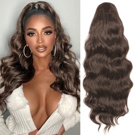 YEESHEDO Brown Long Wavy Ponytail Hair Extension for Women Drawstring Ponytail Hair Extensions Clip in Curly Synthetic Hairpiece 24 Inches