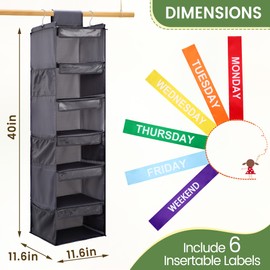 Fivebop 2 Pack 6-Shelf Weekly Clothes Organizer for Kids, Hanging Daily Closet Organization with 6 Side Pockets, Days of The Week Clothing Divider Storage for Boys and Girls (Grey)