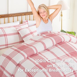 Sophia & William Cotton Comforter Cover Set King Size, Waffle Weave White Duvet Cover Set 3 Piece, White + Red