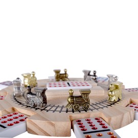 Mexican Train Dominoes Set Double 12 Color Dots with Wooden Hub 8 Metal Trains and Aluminum Case