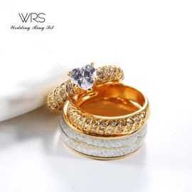 Two Rings His Hers Wedding Ring Sets Couples Rings Women's 10k Yellow Gold Plated White Heart CZ Wedding Engagement Ring Bridal Sets & Men's Titanium Wedding Band