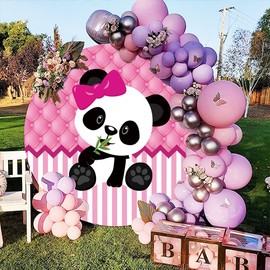 OERJU 7.5x7.5ft Panda Round Backdrop Pink and White Stripe Bamboo Leaves Photography Background Circle Backdrop Cover Girls Kids Baby Shower Newborn Birthday Party Decoration Banner Photo Booth Prop